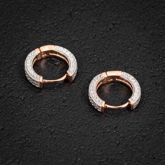 Mens Iced Two Tone Rose Gold Sterling Silver Small CZ Huggie Hoops Earrings - Picture 3 of 4